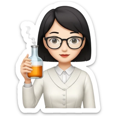 asian teacher with a white dress holding a flask with retangle glasses and black short hand  sticker