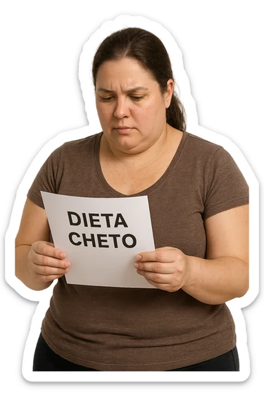 donna realistica leggermente in sovrappeso che legge un foglio con la scritta "dieta Cheto", sfondo bianco, iperrealistica 4k, IPERREALISTICA 4K sticker