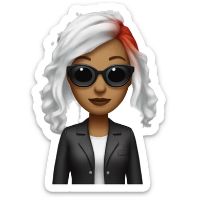 white and red hair. She wears American black work clothes, with white stars on her hair and an American flag in her hair. She is in her office in real life. She wears sunglasses.  sticker