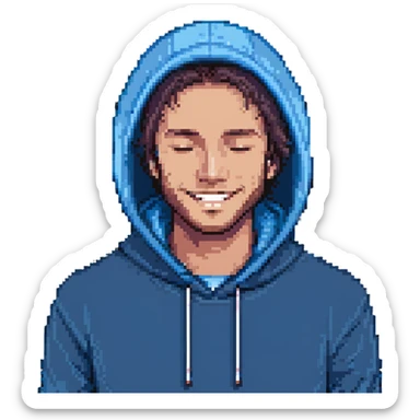 pixel art of a man with a blue hoodie, smiling and blinking, close-up face, simple background sticker