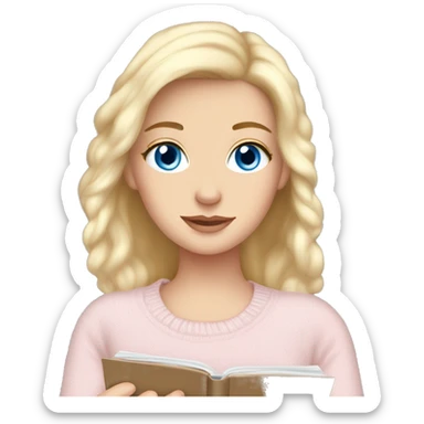 Pretty blue eyed white girl with light pink sweater reading cozy sticker