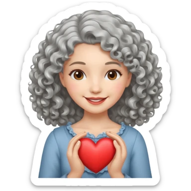 silvery curly/wavy shoulder-length hair smiling lady holding a heart less hair sticker