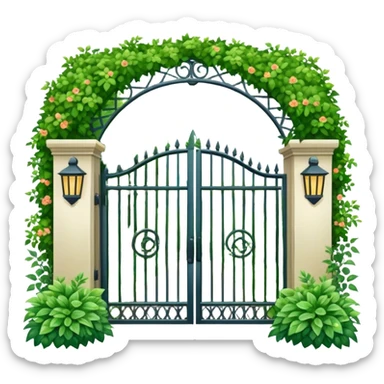 house entrance with iron gate and fence surrounded by lush green plants and bushes sticker