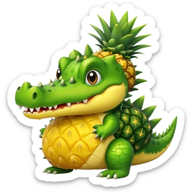 A cute crocodile with a pineapple body, the crocodile head is green with teeth and the body is a yellow pineapple with spiky texture sticker