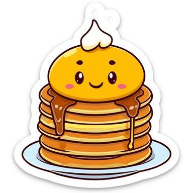 adorable pancakes with butter on top and maple syrup dripping down, smiling face sticker