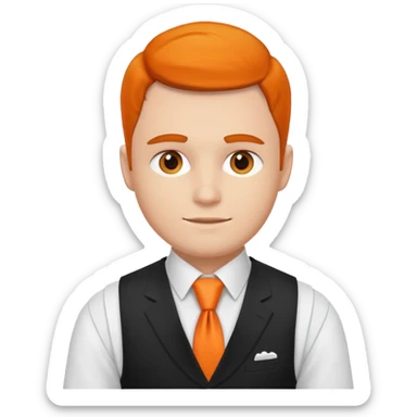 groom in white vest, orange tie sticker