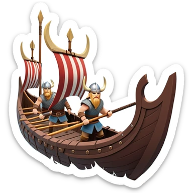 clash-of-clans-aesthetic_-cinematic-viking-longboat, rendered in a flat, bold vector style with minimal shading, featuring a striking dragon-headed prow slicing through icy, churning waters. shields on the side and vikings rowing The longboat’s intricately detailed shields and carved motifs evoke a sense of epic adventure and Nordic might, with billowing sails catching a dramatic, stormy sky backdrop. sticker