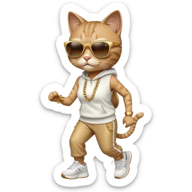 friendly anthropomorphised female cat in hip-hop Run DMC clothing, dark sunglasses, gold chains, jogging upright sticker