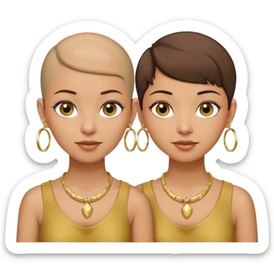 Twin sisters olive skin tone one with bald head and one with pixie brown hair cut wearing gold hoop earrings and gold necklace sticker