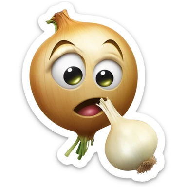 An emoji of a cute anthropomorphic onion kissing a smiling garlic clove on the cheek.  sticker
