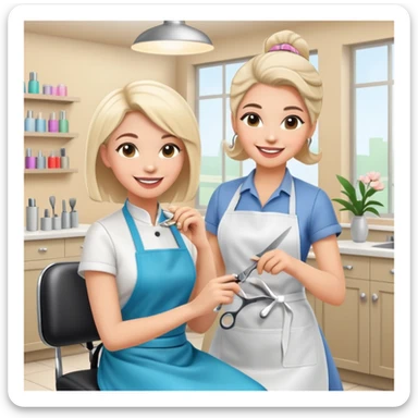 friendly and cheerful salon scene with a woman client smiling in chair wearing an apron and a female hairstylist smiling behind her holding scissors, bright and positive atmosphere sticker