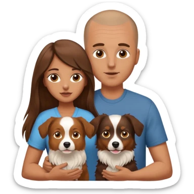 Man with shaved head holding woman with very long brown hair and one Aussie dog sticker