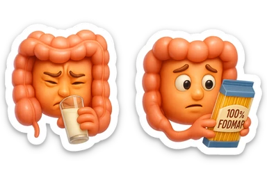 emoji stile iphone di un intestino che beve latte e ha un espressione di dolore e un intestino che guarda un pacco di pasta con la scritta "100% FODMAP" SULL'ETICHETTA CON ESPRESSIONE CONFUSA, iperrealistico 4k, isolato su sfondo bianco sticker
