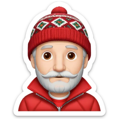Older man with gray hair small beard and big nose with a patterned beanie on wearing red jacket sticker