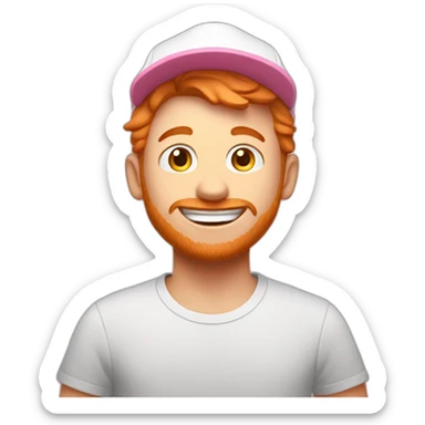 guy with short ginger hair wearing a white hat and a pink tshirst looking excited and super happy with no bear sticker
