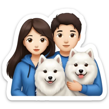 Long hair brunette asian girl and brunette Asian male couple with a Samoyed . Only 2 people and a dog   sticker