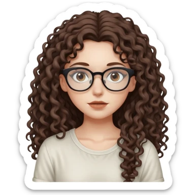 aesthetic white girl with cool colored brown, very long curly hair, she wears an offwhite top and her eyes are black , and wears thin small square glasses sticker