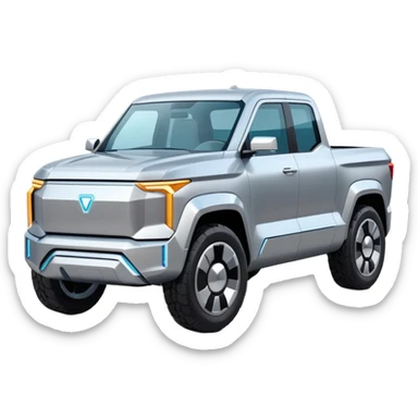 A futuristic electric pickup truck emoji, silver chrome body, angular cyber design, smooth metallic panels, subtle reflections, minimalistic proportions, iOS emoji style, centered composition, clean white background, soft lighting sticker