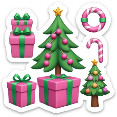 emojis estilo pixar de la cara de santa, arbolito rosa, reno, lazo coquet,bastones de caramelo rosa, caja de regalo rosa, arbolito verde con bambalinas rosa sticker