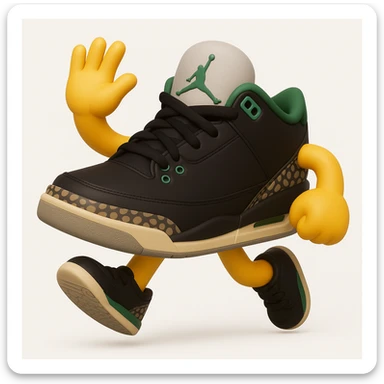 Create a sneaker character in a running pose with arms and legs, inspired by the reference image, in a 3D emoji style. The style should resemble Microsoft style 3D fluent emojis with a dynamic and energetic pose. sticker