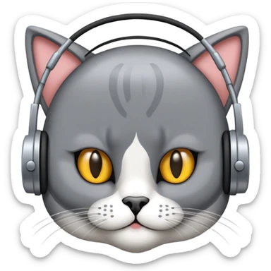 Gato persa gris con audífonos y detrás de él un cartel con el nombre PRIMERA 88.3FM sticker