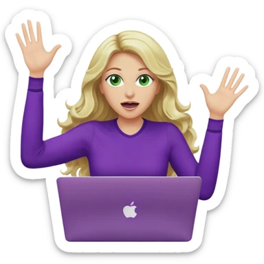lady with long wavy blonde hair, purple top, green eyes, throwing her with a purple mac laptop hands in the air screaming sticker