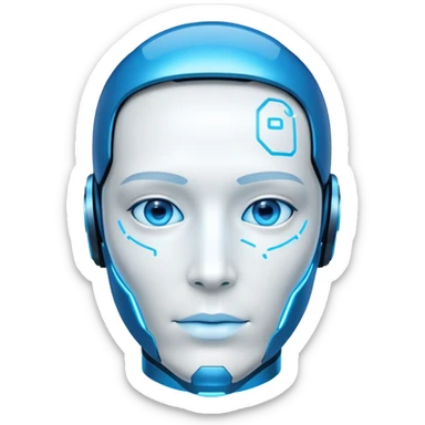 ultimate AI assistant like Jarvis, glowing blue face, digital features, futuristic sticker