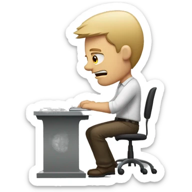 white man sitting at desk, working at computer looking frustrated sticker