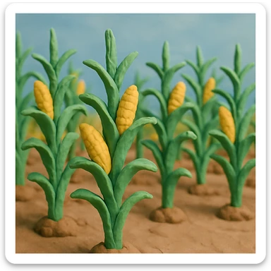 rows of tall corn stalks with green leaves and yellow corn in a corn field, soft pastel colors, blue sky, claymation style sticker