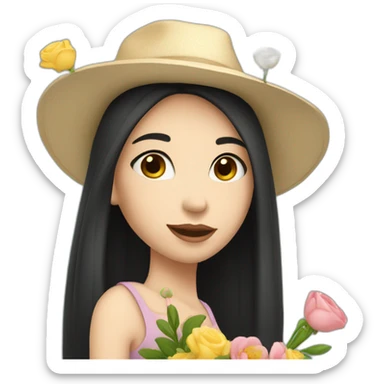white skin, Girl with a hat, black hair straight to the shoulders, holding a bouquet of flowers sticker