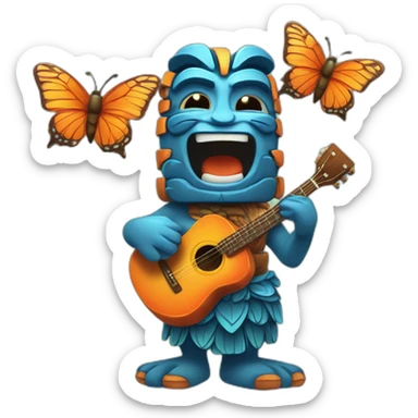 Cartoon Blue and orange tiki singing with butterfly and in the mike sticker
