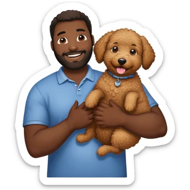 a groodle dog being held by a big black guy sticker