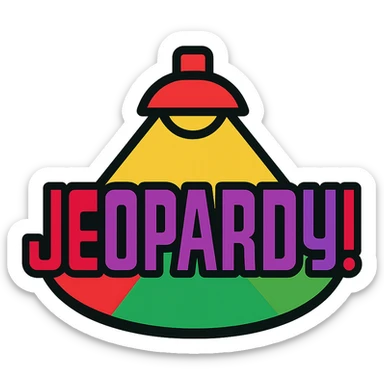 Add more colors to the Jeopardy logo icon, including red, green, and purple accents, while keeping the blue and gold base. Modern icon style with lineal color and black outlines. sticker