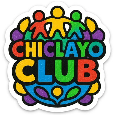 festive logo for 'Chiclayo Club' inspired by Peruvian culture, bright colors red yellow green blue purple, symbols of togetherness like people holding hands or abstract shapes forming a circle, prominent joyful text 'Chiclayo Club' sticker