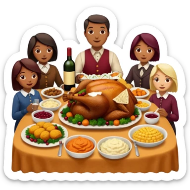 Thanksgiving Dinner with 10 people of different skin color around the table; have the food be a cooked turkey, mashed potatoes, corn, a basket of biscuits, a small bowl of cranberry sauce, baked yams, steamed vegetables, and a bottle of wine. sticker