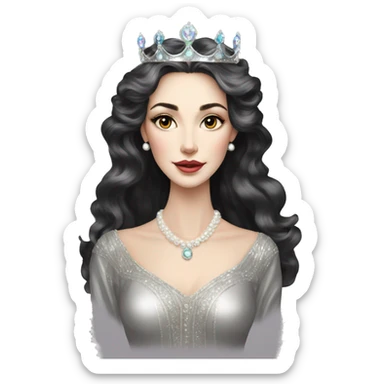 Regal pretty slender middle age woman photograph defined cheekbones high cheekbones crown vintage with very long iridescent black and silver hair wavy long hair pearl crown iridescent sticker