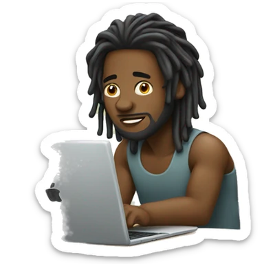 Black guy with dreads  sitting down on chair facing right-hand sided focused on laptop computer  sticker