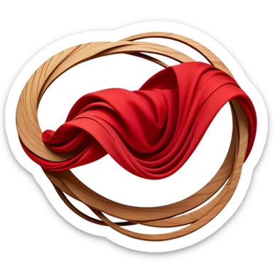 Floating abstract layers of wood, red fabric, and sketched lines suspended in motion, gently orbiting a glowing red core of creative intent. sticker