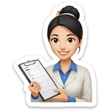 A smiling female middle-aged warehouse manager with black eyes and half up bun black hair, holding an inventory list，without background sticker