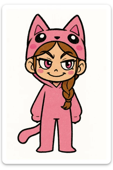 Keep the picture quality and style exactly the same as the original image. Edit the character to have a mischievous expression. sticker