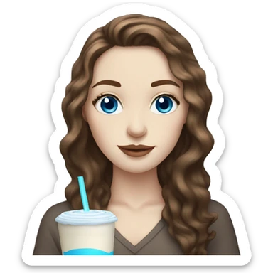 Pale skin women with brown wavy hair and blue eyes drinking ice latte  sticker