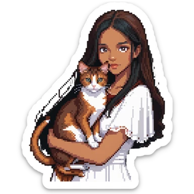 beautiful girl with long black hair wearing a white dress holding an Abyssinian cat with reddish-brown fur in her arms, close-up sticker