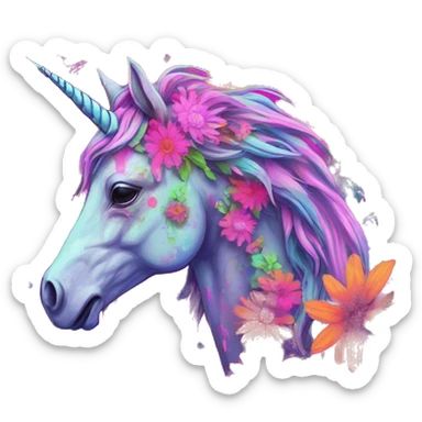 Zombie Pegasus unicorn psychedelic flowers floral groovy art neon rave raving sticker