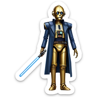 tarnished undercover tough well-equipped Jedi  life-sized darkblue-pearl C3po as a friendly droid wearing a leather clothing old west duster coat holding light saber sheriff sticker