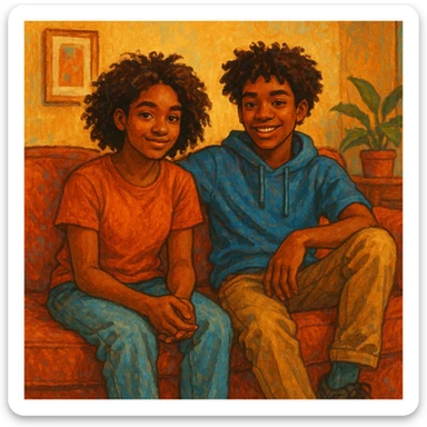 two brown-skinned teens sitting on a couch, artistic illustration style sticker