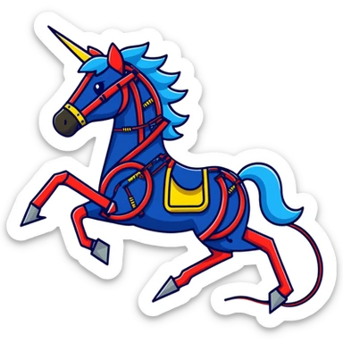 Fast running electric horse made of electricity, metal plates, bolts, visible blue and red wires, with lightning surrounding it sticker