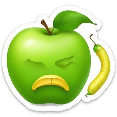 Green apple with yellow worm sticker
