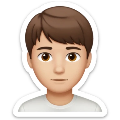 portrait of a young man with short brown hair and straight bangs, wearing a white shirt sticker