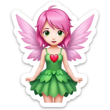 pink hair, pink wing fairy in green dress heart sticker