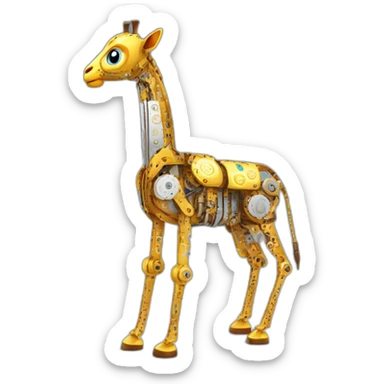 Una girafa robotica con patrones de circuitos brillantes en su piel, piernas con juntas móviles y piezas de metal relucientes sticker